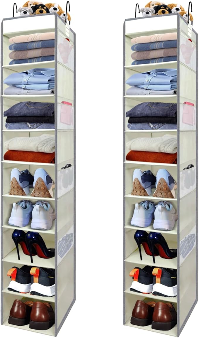 2 Pack Large-Sized Hanging Shoe Organizer 10-Shelf, Sturdy Hanging Closet Organizer with 8 Side Pockets, Wider Hanging Shelves for Storage Shoes Clothes Jeans Shirts Toys, Beige-NeatNest