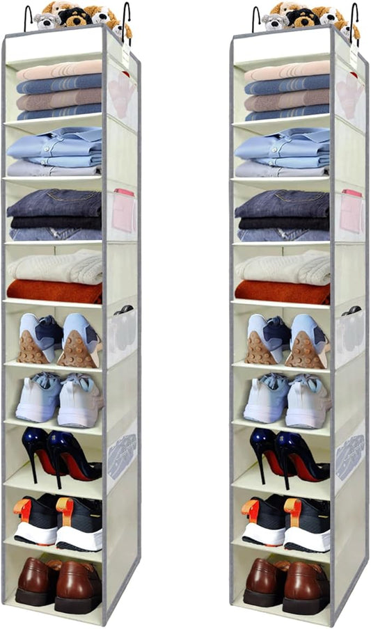 2 Pack Large-Sized Hanging Shoe Organizer 10-Shelf, Sturdy Hanging Closet Organizer with 8 Side Pockets, Wider Hanging Shelves for Storage Shoes Clothes Jeans Shirts Toys, Beige-NeatNest