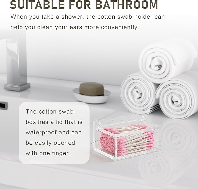 Clear Acrylic Qtip Holder with Lid, Cotton Balls Swab Organizer, 3.9" x 2.8" x 2" Dispenser for Makeup Pad, Floss Picks, Bath Salts, Cosmetic Storage Case, Home Bathroom Decor (DP051)-NeatNest