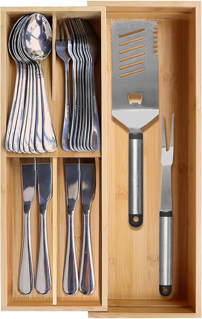 Expandable Bamboo Kitchen Drawer Organizer - Silverware Organizer - Utensil Holder and Cutlery Tray for Flatware Organizers and Kitchen Utensils-NeatNest