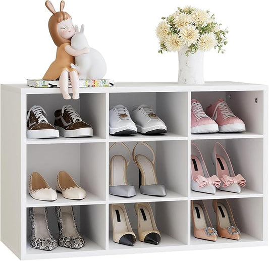 Garden 4 you Shoe Storage Bench, Cubby Shoe Rack with 9 Cubbies, 3-Tier Wood Shoe Rack Organizer, Shoe Organizer Cabinet for Entryway, Hallway, Closet and Garage, White-NeatNest