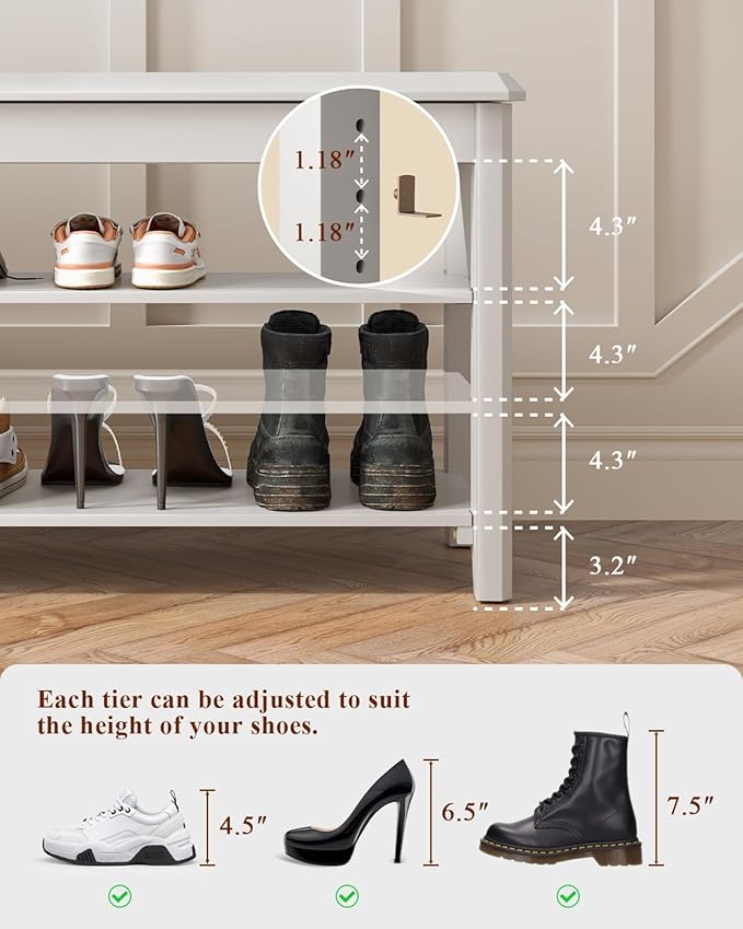 Shoe Rack Bench Seat Rubberwood 3-Tier Wooden Storage Bench 550lbs Compact Mid-Century Modern Design for Entryway, Hallway, Closet, Front Door Entrance, Foyer