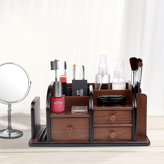 Flexzion Wooden Desk Organizer w/Drawers - Classic Wood Office Supplies Accessories Desktop Tabletop Sorter Shelf Rack Cherry Brown Pencil Holder Caddy Set with 3 Drawers, 3 Compartments & 2 Shelves-NeatNest