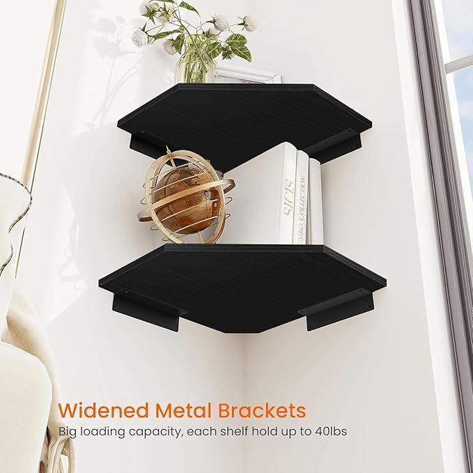 Homode Corner Shelf Wall Mount, Set of 2 Corner Floating Shelves with Wire Hole for TV, Cable Box, Wood Hanging Storage Shelf Organizer for Bathroom Kitchen Living Room Bedroom, Black-NeatNest