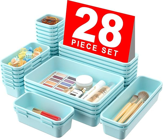 A-LuGei 【28PCS】 Drawer Organizer, Bathroom Organizers and Storage, Makeup organizer, Desk drawer organizer, Storage Bins for Kitchen Office Bedroom Vanity Jewelry Pantry Garage【Black】【4Size】-NeatNest