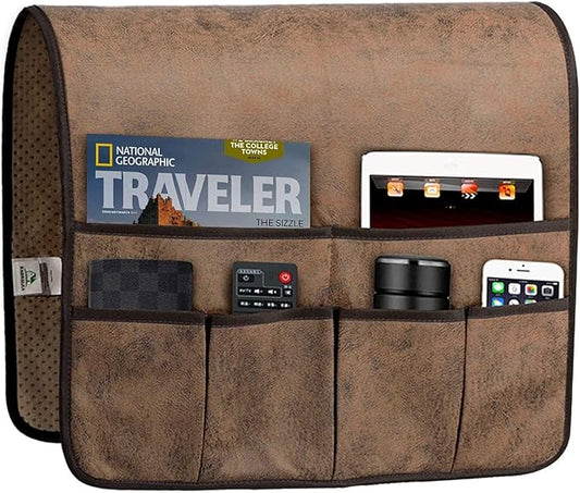HAOMAIJIA Anti Slip Sofa Armrest Organizer Arm Chair Bedside Caddy Storage Organizer For Recliner Couch With 6 Pockets For Cell Phone Tv Remote Control Magazines (brown)-NeatNest