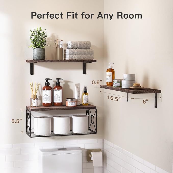 Amada Bathroom Shelves Over Toilet with Storage Basket, Floating Bathroom Wall Shelves for Home Organization & Wall Decor, Bathroom/Kitchen/Living Room Shelves–Rustic Brown-NeatNest