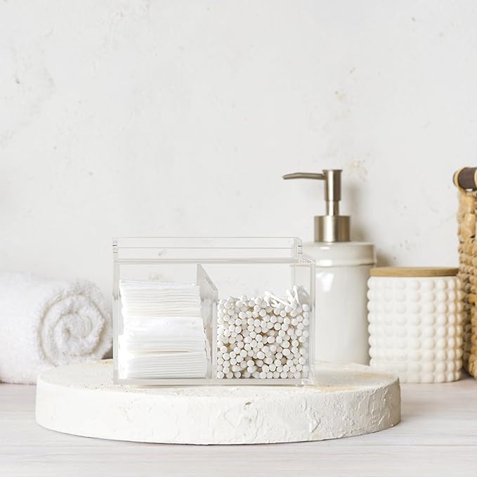 Clear Acrylic Cotton Swab Ball Holder Qtip Organizer with Lid 2-Grid Canister for Make Up Pads, Floss Picks, Vanity Storage,Bath Salts, Cosmetics, Home Bathroom Decor (DP004)-NeatNest