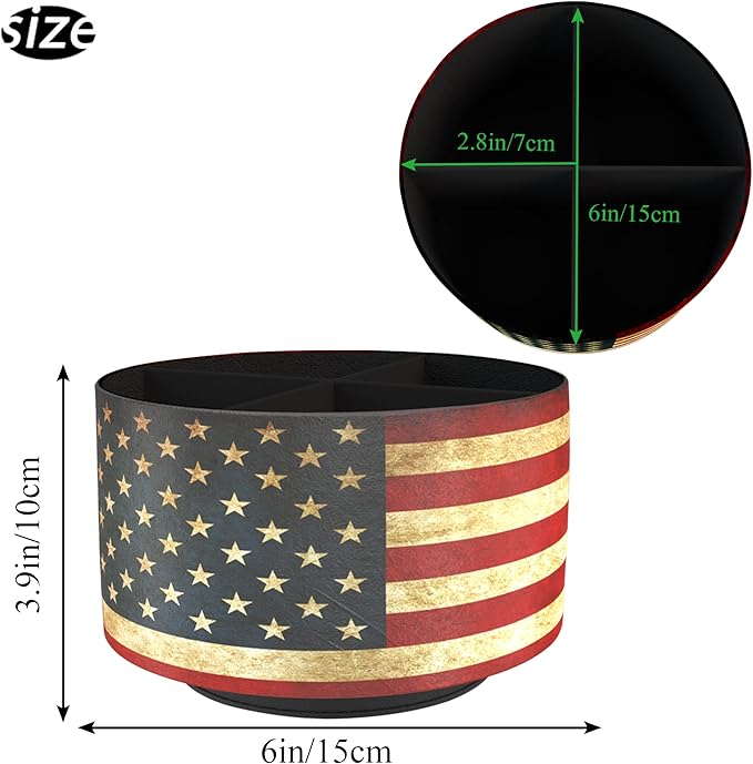 Hennaja Round Leather Art Supply Organizer,Remote Control Holder,360 Degree Rotating,Multi-Functional Pencil Holder,4 Compartments Desktop Stationary Organizer(1-American Flag)-NeatNest