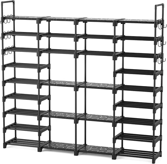 ROJASOP Large Shoe Rack Organizer for Entryway Closet 64-68 Pairs 9-Tier Heavy Duty Tall Garage Shoe Rack Shoe Shelf Shoes Storage with 18 Pcs Removable Side Hooks for Bedroom and Garage Black-NeatNest