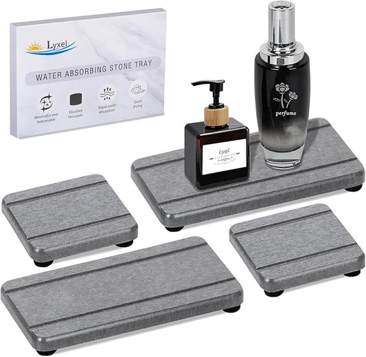 4PCS Stone Drying Trays for Bathroom Sink and Kitchen Counter - Water Absorbing Stone Tray with Diatomaceous Earth, Soap Dish and Coaster-NeatNest