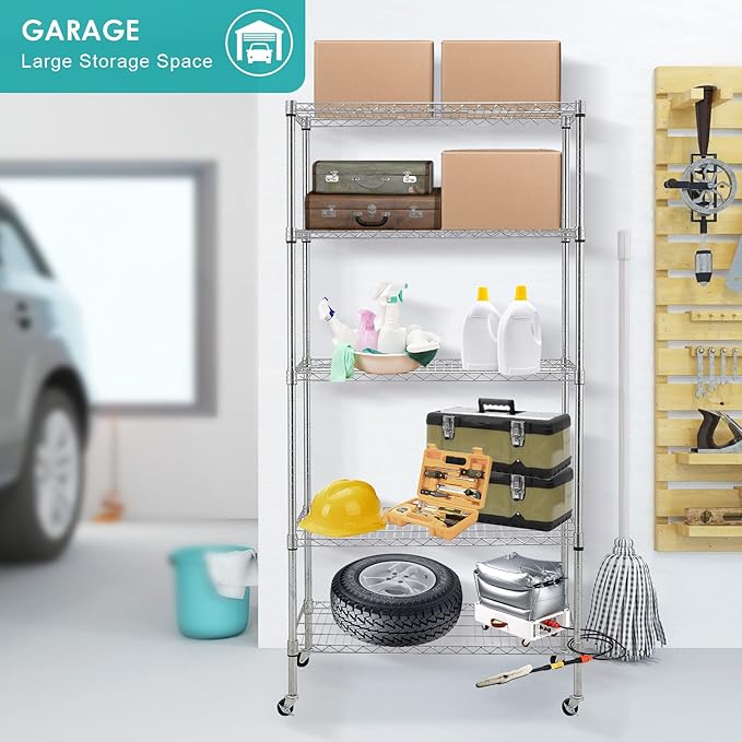 BNSPLY 5 Tier Wire Shelving Unit with Wheels, Height Adjustable Wire Shelves with NSF Certified, Mobile Metal Storage Rack Shelf Unit for Kitchen, Laundry, Garage (17.7" D x 35.5" W x 71" H, Chrome)-NeatNest