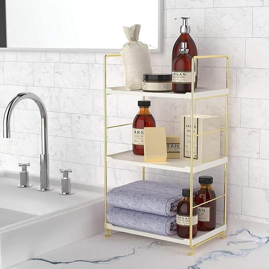 3-Tier Kitchen Spice Rack, Freestanding Stackable Organizer Shelf, Bathroom Countertop Storage Shelf, Cosmetic Organizer Holder, Square Standing Rack (Golden)-NeatNest