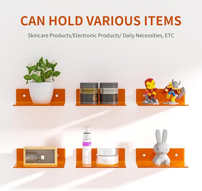 9 Inch Orange Wall Shelves, Acrylic Wall Mounting Ledges Display, Acrylic Display Wall Shelf for Funko Pop Figures, Collectibles, Plants, Décor, Toiletries, Spices, 2 Pack-NeatNest