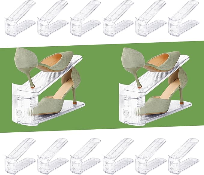 Shoe Slots Organizer, Clear Shoe Stacker for Closet Adjustable Shoe Rack Storage Space Saver,Shoes Display Shelf Shoes Holder for Organization,12 Pack-NeatNest