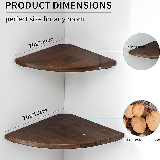 Corner Shelves, Floating Corner Shelf, Set of 2 7inch Solid Oak Wood Corner Wall Shelves, Round End with Wire Hole for Small Plant for Bedroom Kitchen, Living Room-NeatNest