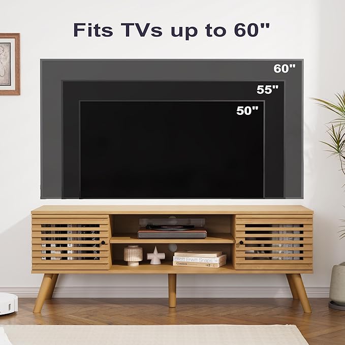 53" Mid Century Modern TV Stand for 50/55/60 inch TV, TV Media Console with Slatted Doors for TVs up to 60", Entertainment Center with Storage for Living Room, Bedroom, Oak-NeatNest