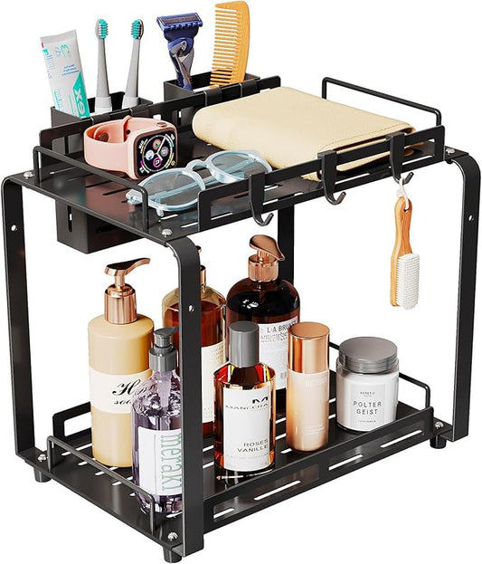 Bathroom Counter Organizer, Large 2 Tier Bathroom Countertop Organizer Rack with 2 Toothbrush Holder for Men, Metal Standing Toiletries Caddy Shelf, Black, 12.2''L x 7.6''W