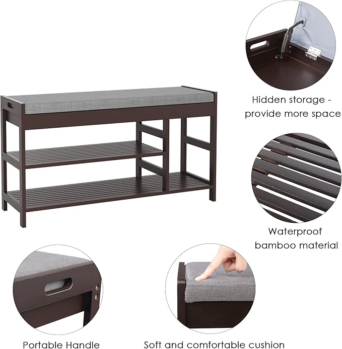 HIFIT Bamboo Shoe Bench Rack with Storage, Entryway Storage Bench with Padded Seat, Shoe Oiganizer Shelf for Entryway Mudroom Bathroom Foyer, Vintage