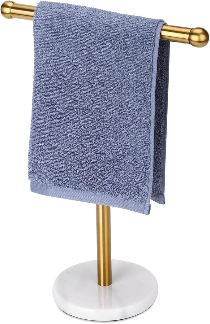 Gold Hand Towel Holder Stand with Heavy Marble Base, T-Shape Towel Rack, Free-Standing for Bathroom Vanity Countertop, 304 Stainless Steel (Gold)
