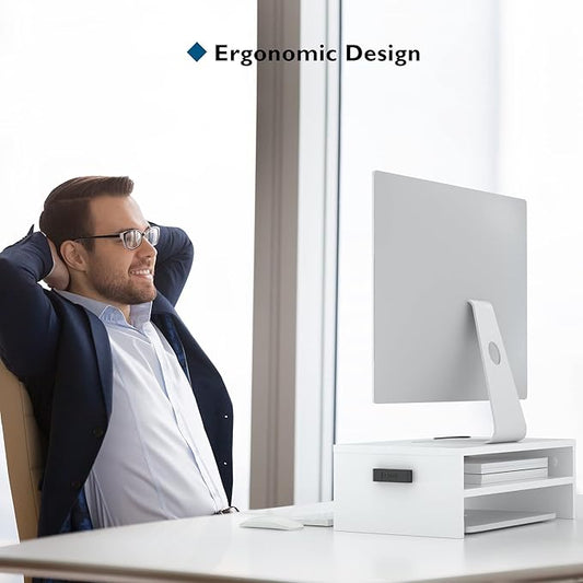 BONTEC Wooden Monitor Stand Riser, 2-Tier Desk Shelf with Storage Organizer, Ergonomic Computer Stand with Cable Management, Cellphone Holder, White, 16.5 Inch-NeatNest