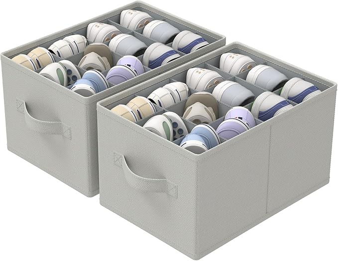 2 Pack Shoe Organizer for Closet, Fits Up to 24 Pairs, Foldable Space-saving Storage Container Bins with Reinforced Handles, 16.5 x 12.6 x 10.2 In, Grey, XSNX02G-2-NeatNest