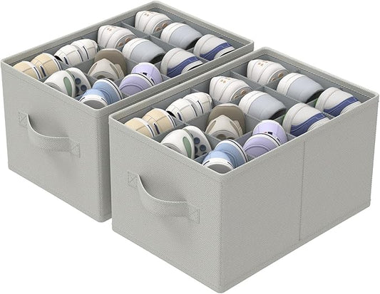 2 Pack Shoe Organizer for Closet, Fits Up to 24 Pairs, Foldable Space-saving Storage Container Bins with Reinforced Handles, 16.5 x 12.6 x 10.2 In, Grey, XSNX02G-2-NeatNest