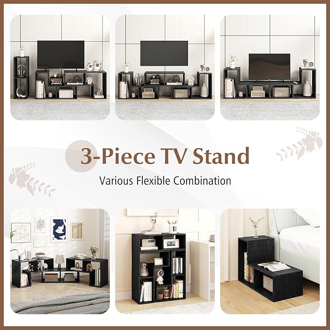 Giantex Free-Combination TV Stand for Bedroom - Entertainment Center for 50 55 60 65 Inch TV, 3-Piece Media Console Table with Storage Cubes, Deformable Open Storage Bookcase Shelf (Black Wood Grain)-NeatNest