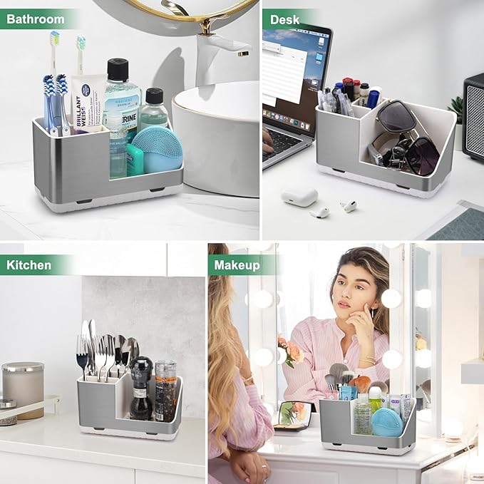 Toothbrush Holders for Bathroom Countertop Organizer, Brushed Nickel Tooth Brush Holder, Kids Electric Toothbrush and Toothpaste Holder with Drainage (Brushed Silver)-NeatNest
