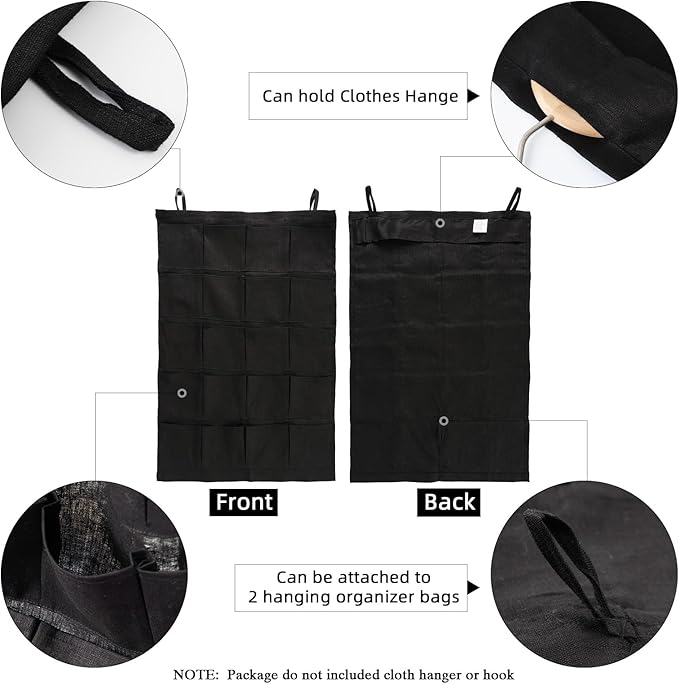 100% Linen Hanging Storage Bag with 20 Pockets, Wall Hang Over The Door Closet Organizer for Socks Underpants, Black