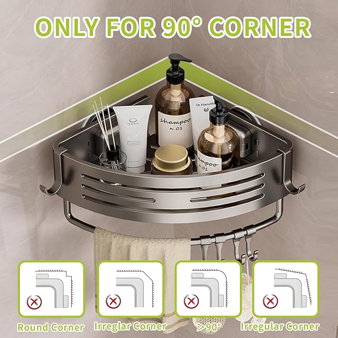 Shower Caddy Suction Cup, No Drilling Rustproof Bathroom Shower Shelf,Hanging Corner Shower Shelves with 6 Portable Hooks, Removable Bath Organizer with Towel Bar for Bathroom Storage(Gray)
