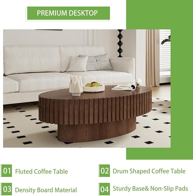 Handmade Oval Grooved Drum-Shaped Coffee Table、Rustic Modern Circular Centerpiece for Living Room & Farmhouse Decor、Easy to Clean (C Walnut 43in)