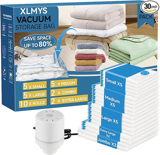 30 Pack Vacuum Storage Bags with Electric Pump, Space Saver Vacuum Storage Bags (2 Jumbo/2 XLarge/5 Large/5 Medium/5 Small+10 Roll Up) for Clothes, Travel, Comforters, Blankets, Bedding-NeatNest
