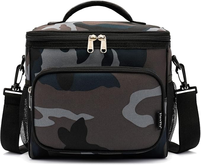 FlowFly Insulated Reusable Lunch Bag Adult Large Lunch Box for Women and Men with Adjustable Shoulder Strap,Front Zipper Pocket and Dual Large Mesh Side Pockets,BlackCamo-NeatNest