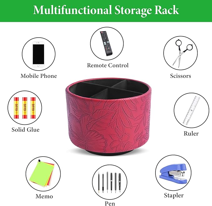 Hennaja Round Leather Art Supply Organizer,Remote Control Holder,360 Degree Spinning,Multi-Functional Pencil Holder,4 Compartments Desktop Stationary Organizer(1-Carved Red)-NeatNest