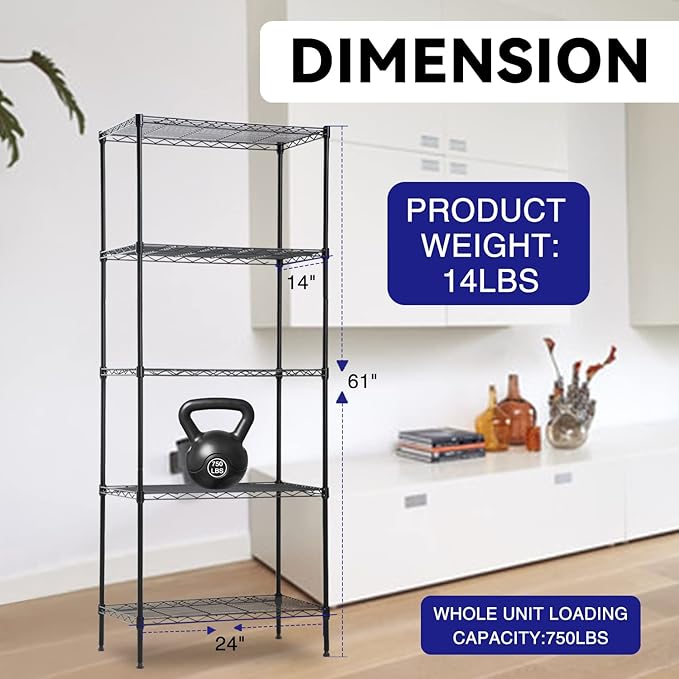 5-Tier Wire Shelving Unit Storage Shelves 61"x24"x14" Metal Heavy Duty Wire Rack Shelving NSF for Home Kitchen Bathroom Garage(Black)