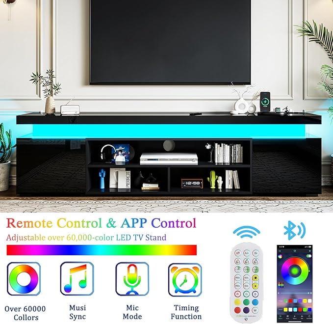72" Modern TV Stand with LED Lights and Power Outlet for TVs Up to 80 inch, High Gloss Finish Entertainment Center, TV Console Cabinet with Storage for Living Room, Black-NeatNest