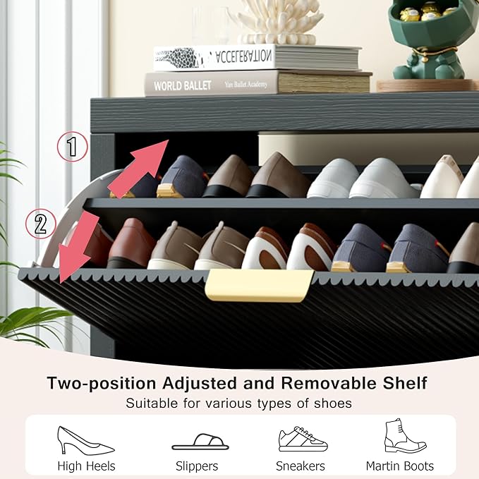 Modern 2-Tier Flip Drawer Shoe Cabinet, Freestanding Hidden Slim Narrow Shoe Rack Cabinet, Wooden Large Capacity Shoe Storage Cabinet Shoe Organizer, for Entryway, Hallway, Black-NeatNest