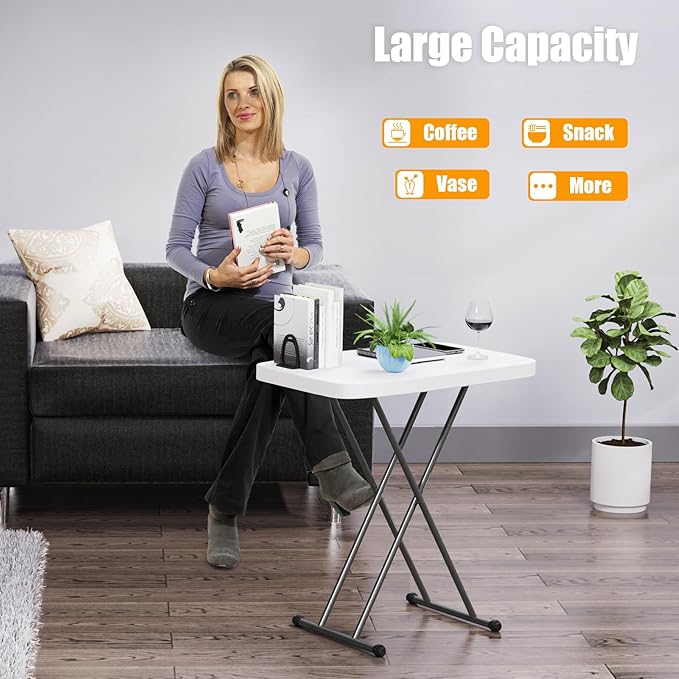30" Square Folding Laptop Table,Small Computer Desk,Adjustable Folding Table Tray,Stable Snack Table for Small Space, Fit Indoor Dining/Place The Computer, White