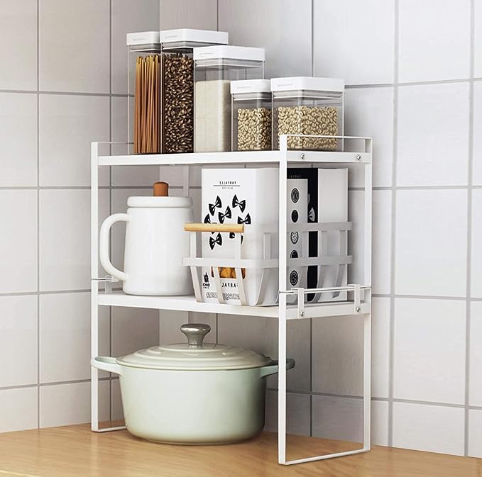 2 Pack Kitchen Cabinet Shelf Counter Organizer Rack Pantry Storage Bathroom Bedroom Office Table Desk Space Saving Steel Frame Stackable Rust Resistant Non Slip White-NeatNest