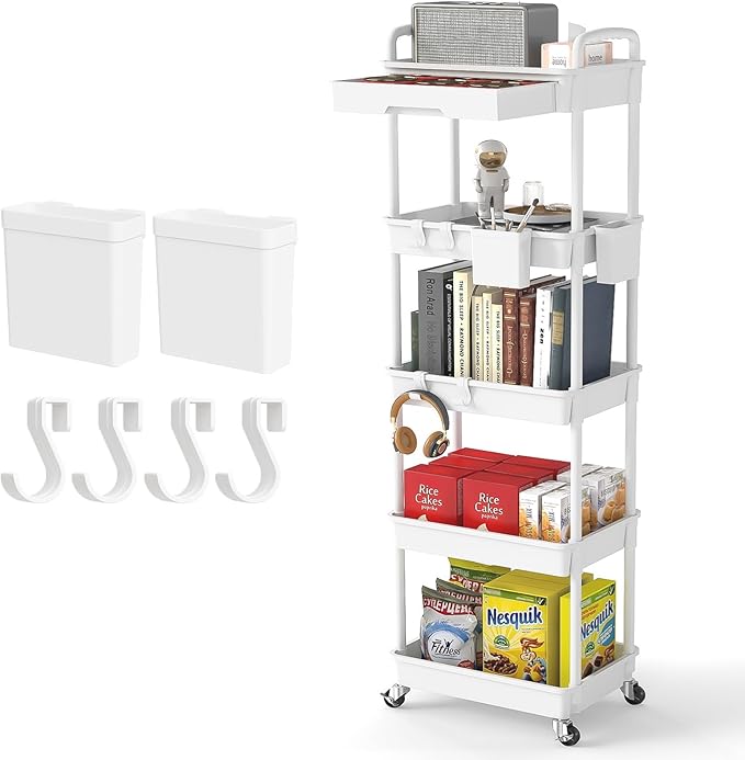 5 Tier Rolling Utility Cart with Drawer,REBECAT Utility Cart Made of Multifunctional Storage Organizer Tool for Kitchen,Bathroom,Living Room,Office(White)-NeatNest