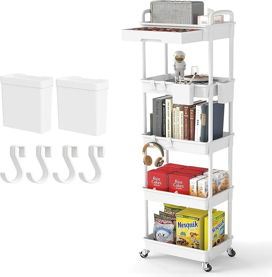 5 Tier Rolling Utility Cart with Drawer,REBECAT Utility Cart Made of Multifunctional Storage Organizer Tool for Kitchen,Bathroom,Living Room,Office(White)-NeatNest