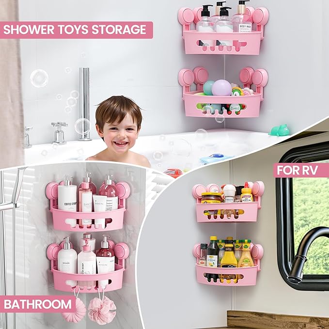 TAILI Suction Corner Shower Caddy, Bathroom Shelf Storage Basket Wall Mounted Organizer for Shampoo, Conditioner, Plastic Rack for Kitchen and Bathroom, Drill-Free Removable (2 Pack)-PINK