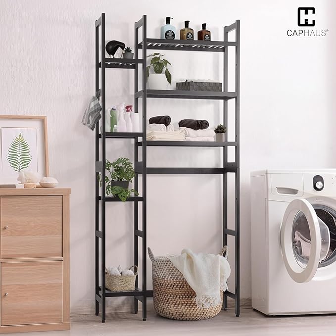 CAPHAUS Over -The -Toilet Storage Shelf,7-Tier Bamboo Bathroom Organizer Shelf Rack Over Toilet with Adjustable Feet & Hooks, Freestanding Toilet Shelf for Bathroom Laundry Balcony Plant Stand,Black-NeatNest