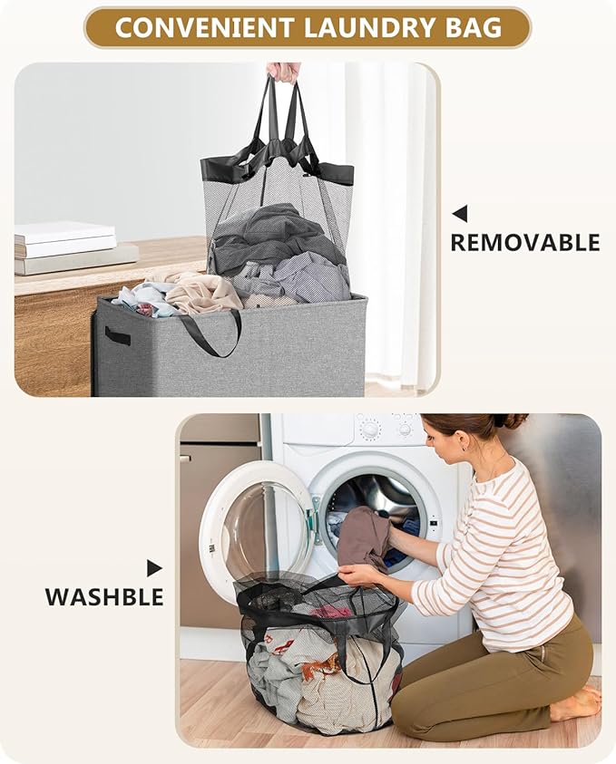 SOLEDI Double Laundry Hamper with Lid, 130L Clothes Hamper 2 Section, Laundry Basket with Removable bag, Bed room decor aesthetic, laundry room organization, Home and dorm room essentials-NeatNest