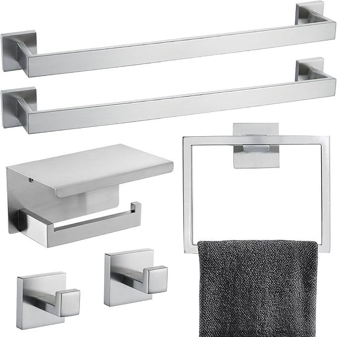 Brushed Nickel Bathroom Towel Bar Set Bathroom Accessories Hardware Set Including Double Towel Bar Towel Ring Coat Hook and Toilet Paper Holder with Shelf. Wall Mounted Stainless Steel-NeatNest