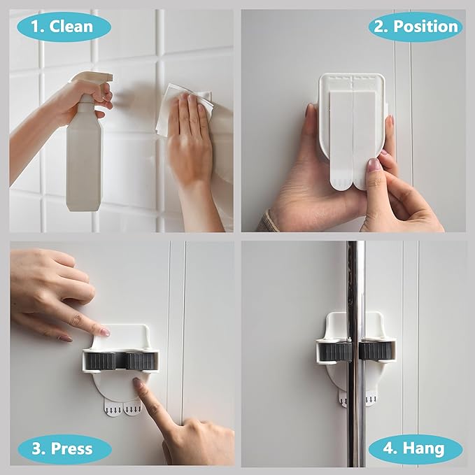 JELLYSUB Broom and Mop Grippers, 6 Broom Holders, 24 Removable Adhesive Strips, No Tools Household Cleaning Supplies Organizer, Damage Free Broom Holder Wall Mount