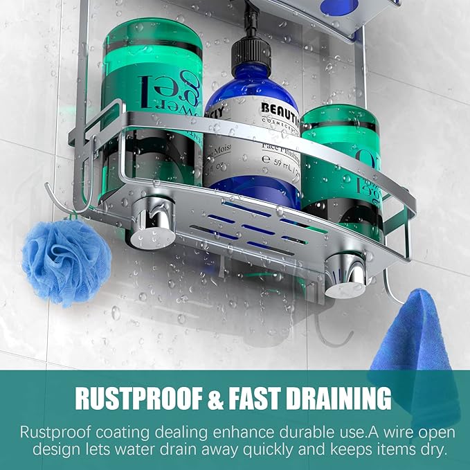 Meangood Shower Caddy Over Shower Head, Sliver Anti-Swing Hanging Shower Caddy with 4 Remove Hooks for Razor, Sponge, Towels Rustproof Shower Organizer for Bathroom Silver