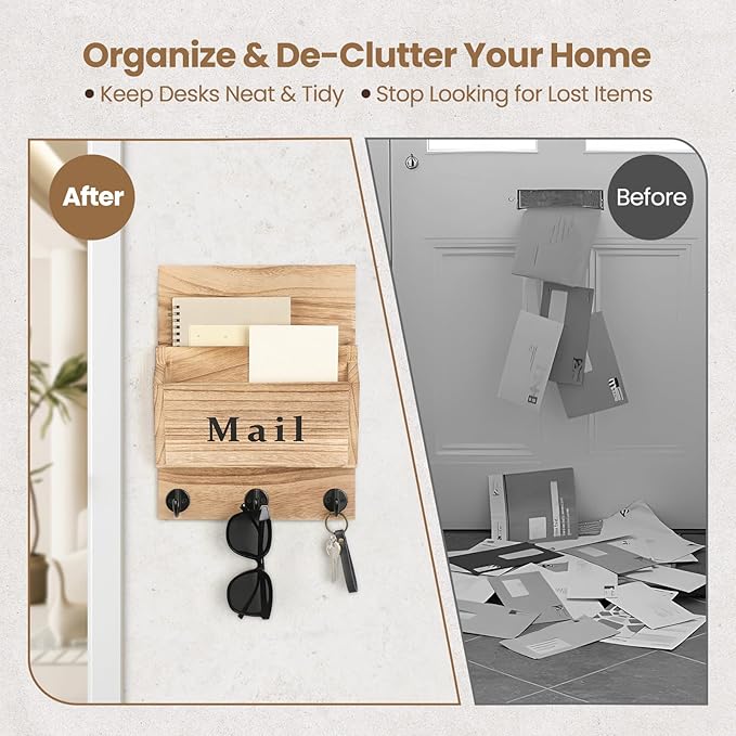 Mail and Key Holder - Decorative 9.8" x 12.5" Wall Key Hanger with 2 Mail Organizer Slots and 3 Hooks - Real Paulownia Wood with Keyhole Brackets, Hardware and Instructions (Wood)