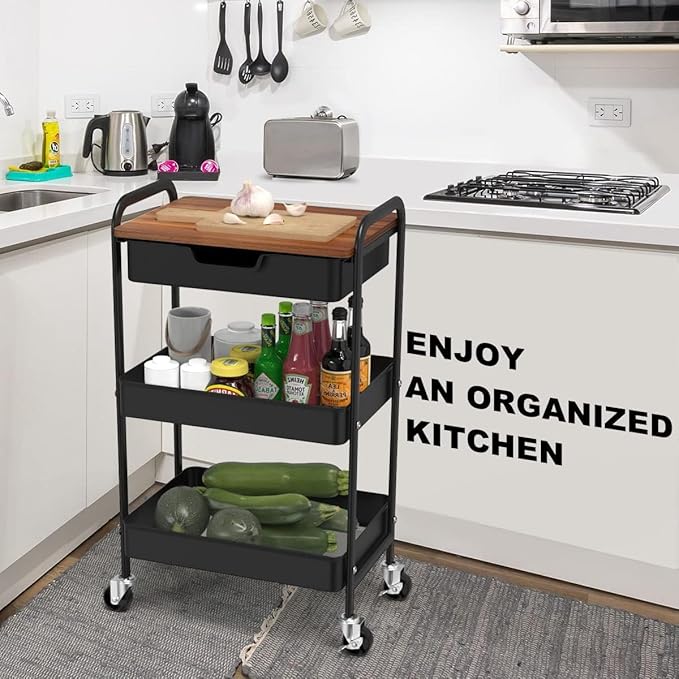3 Tier Rolling Cart with Drawer, Metal Utility Cart on Wheels Storage Cart with Wood Top, Kitchen Cart Art Cart Organizer for Bathroom Office Balcony Living Room-NeatNest
